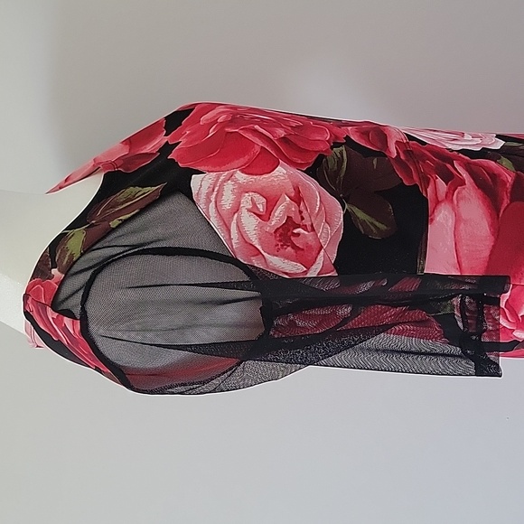 Enfocus Studio Red Black Floral Sheath Dress With Sheer Sleeve Bodycon Size 4 - Picture 6 of 12